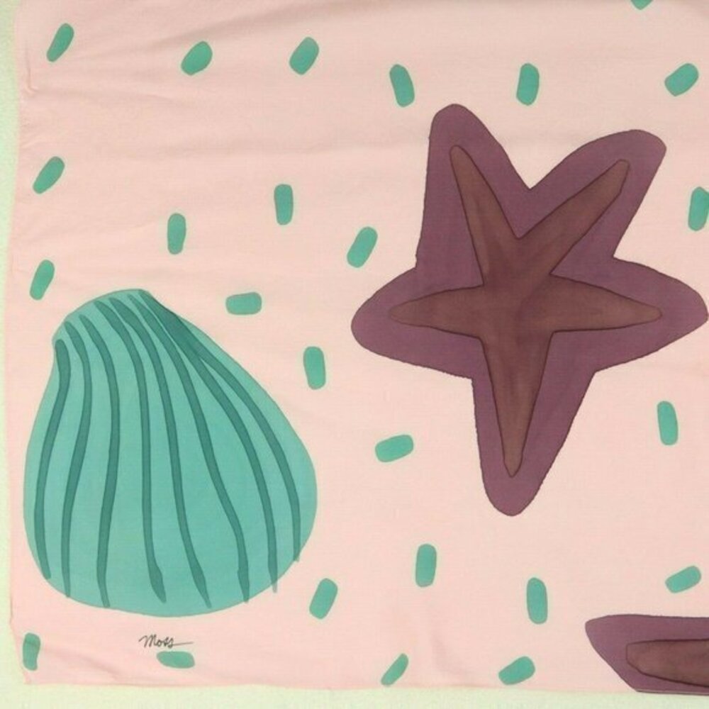Vtg Moss Scarf Seashell Starfish Print Pink Watercolor Beach Ocean 35" Square